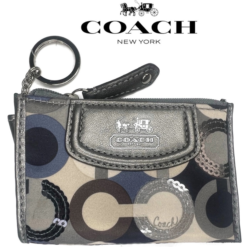 Coach Madison ID Skinny Wallet Keychain 47250 Optic C Sequin Gray Blue Fabric